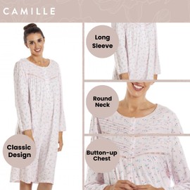 Camille Ladies Long Sleeved Nightdress- Floral Classic Smooth Womens Nightwear- Jersey Nightie with Round Neck Button Fastening Pink 18-20