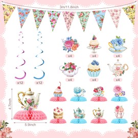 Skybooly 257 Pcs Tea Party Supplies Decoration Include Disposable Floral Paper Plate Napkin Teacup Saucer Set Cupcake Stand Centerpiece Bunting Banner Hanging Decoration for Teapot Party (Mint Green)