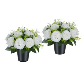 BLOSMON Artificial Grave Flowers Pots: 2 Pcs Red Silk Cemetery Flower Funeral Outdoor Decoration Memorial Floral Decorative Graveside Ornaments Fake Bouquet with Holders Burgundy Arrangements