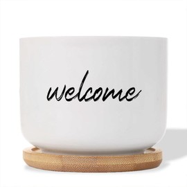 DecStic Welcome Planter Ceramic Bible Verse Round Plant Pot with Drainage Holes and Bamboo Tray Pot for Home Desktop Office Windowsill