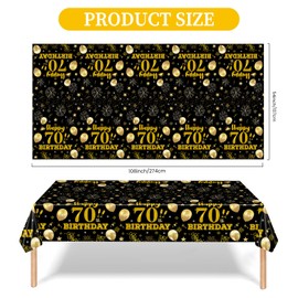 EVYIENEN 2 Pack 70th Birthday Tablecloth,Disposable Black Gold Plastic Waterproof Rectangular Table Covers for Christmas Party Decorations Men Women, 54 x 108 Inch