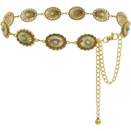 HIQUACC Western Belt for Women Turquoise Chain Belt Metal Concho Belt Cowgirl Belt Country Concert Outfit (B Gold-S)