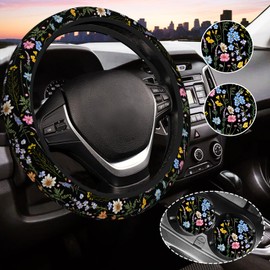 Cute Wildflower Steering Wheel Cover for Women, Universal Auto Steering Wheel 14-15 Inch Car Interior Accessories with 2PCS Car Coasters, Suitable for Men and Women
