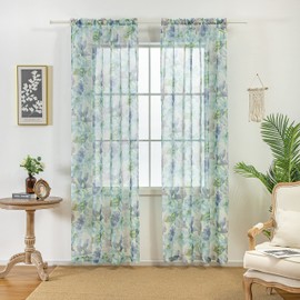 ZJYPRSCU Floral Sheer Curtains 84 Inches Long Blue Flower Printed French Country Semi Sheer Curtain for Nursery Bedroom Living Room Linen Look Blossom Patterned Rod Pocket Voile Drapes 2 Panels