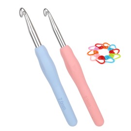 Coopay Crochet Hooks 7.0 mm and 8.0 mm, Pack of 2 Metal Crochet Hooks with Stitch Marker, Ergonomic Crochet Hook with Soft Grip for Arthritic Hands, Colourful TPR Handle Crochet Hook 7 8 mm for