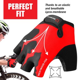 Cycling Gloves Half Finger Unisex Padded Grips Palm Bicycle Summer Riding MTB Bike Gloves for Men Women Non-Slip Fingerless Short Mountain Bike Ride Sports Hiking Mitts Climbing Gym (Red, M)