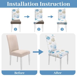 Mofvugz Blue Coastal Chair Covers for Dining Chairs Set of 4, Armless Chair Slipcover Dining Chair Seat Covers for Dining Room Chairs, Kitchen Washable Stretch Chair Protectors Covers (Coastal)