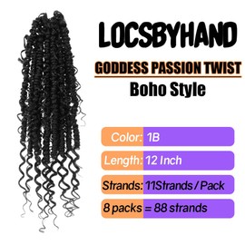 Boho Crochet Passion Twist Hair Pre looped, 12 Inch Goddess Passion Twist Crochet Hair with Curly Ends 8 Packs Natural Black Pre-twisted Bohemian Crochet Braids (8 PCS/88 STRANDS, 1B)