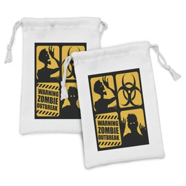 Lunarable Zombie Fabric Pouch Set of 2, Classic Colored Sign with Outbreak Warning and Monster Silhouettes Illustration, Small Drawstring Bag for Toiletries Masks and Favors, 9" x 6", Yellow Black