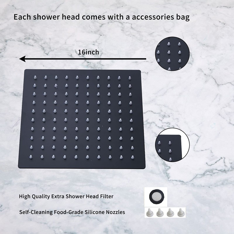 Rain Shower Head Black with Extension Arm 16 Inch Square