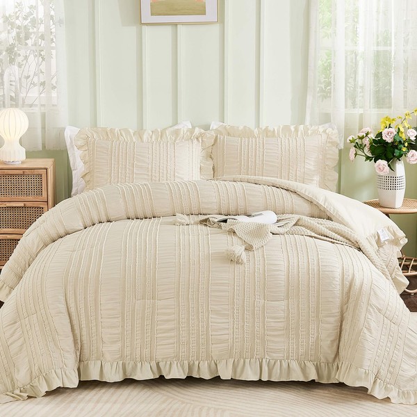 WONGS BEDDING Beige Textured Comforter Set King,3 Pieces Ruffle Farmhouse
