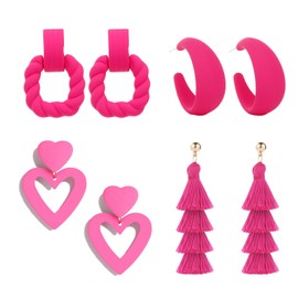 4Pcs Pink Earrings for Women Boho Long Tassel Earrings Statement Earring Hot Pink Earrings Raffia Hoop Drop Earrings (pink earring)