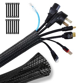 SONATURE Cable Management, 32.9ft - 2/3 inch Wire Loom, Self-Wrap Cable Organiser, Braided Cable Sleeve with 14 Reusable Cable Ties Included, Cord Organiser for TV/Audio/PC/Automobile at Home/Office