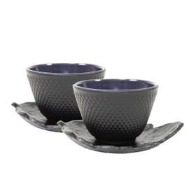 2 Sado Black Leaf Teacup Saucer+ 2 Black Polka Dot Hobnail Japanese Cast Iron Tea Cup Teacup
