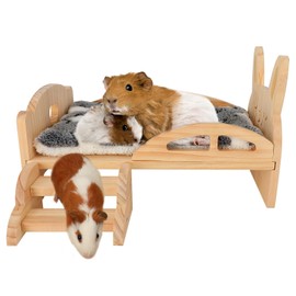 BWOGUE Wooden Guinea Pig Bed with Stairs and Mat, Washable Soft Fleece Small Animal Bed Guinea Pig Platform Bed for Hamsters Dwarf Rabbits Chinchilla Squirrel Hedgehog Habitat