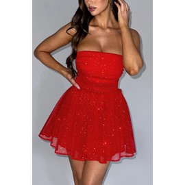 DAAWENXI Women's Sexy Strapless Mini Dress Sequin Ruched Bow Graduation Party Prom Short Dresses Red