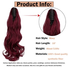 Mitrygreen Claw Clip Ponytail Extension 18" Clip in Wavy Ponytail Hair Extensions Long Pony Tails for Women Extensions Wine Red Hairpiece