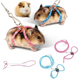 Gammaeon Small Hamster Harness Rope, Pet Hamster Rat Mouse Ferret Harness, Blue, Adjustable, Pet Locator Bell, Leash