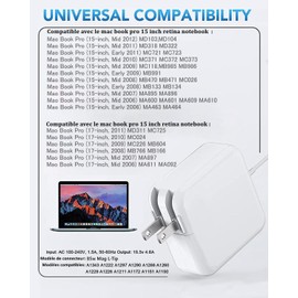 85W Mac Book Pro Charger, Mag 1 Power Adapter, Compatible with Mac Book Pro 13 inch-15 inch Retina (Before mid 2012 Models)