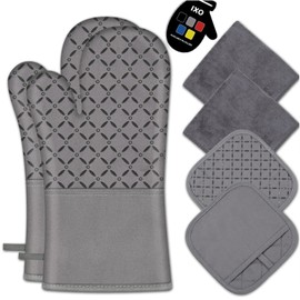 IXO 6Pcs Oven Mitts and Pot Holders, 500°F Heat Resistant Oven Mitts with Kitchen Towels Soft Cotton Lining and Non-Slip Silicone Surface Safe for Baking, Cooking, BBQ