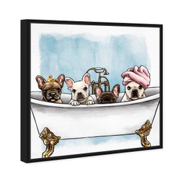 The Oliver Gal Artist Co. Animals Framed Wall Art Canvas Prints 'Frenchies in The Tub' Dogs and Puppies Home Décor, 16" x 16", White, Blue