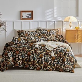 MKXI Black Floral Duvet Cover Queen Vintage Duvet Cover Boho Floral Farmhouse Duvet Cover Set Terracotta Flowers Print Cottagecore Comforter Cover Botanical Bedding Set for Women