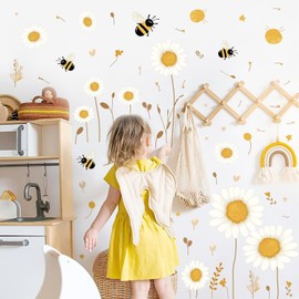 Daisy Floral Wall Stickers Boho Daisy Flower Vinyl Wall Decor for Baby Kids Bedroom Art Mural Peel and Stick Rustic Flowers Bee Decals for Nursery Home Living Room Summer Flowers Party Theme Supplies