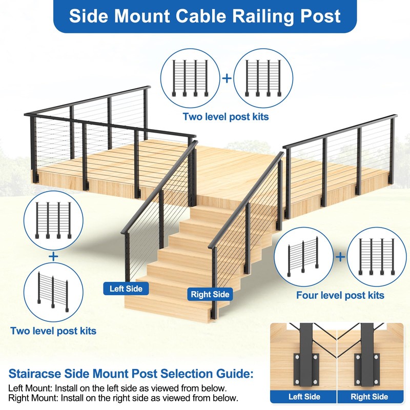PLANTOP 36" Left Side Mount Stair Cable Railing Post for