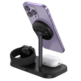 MR. GADGETS Soporte de Carga Inalambrica 3 en 1, Estación de Carga 15W, Wireless Charger Tecnología Qi Base Cargadora Magnetica Charging Stand de Escritorio para Smartphone/Audifonos/Watch (Negro)