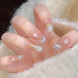 Pure Handmade Nails Press on Nail Reusable Fake Nails CatEyes Christmas&Snow RhineStones Bling Bling Medium Stick on Nails French Tip False Nails 10pcs (S, Q311NAILS)