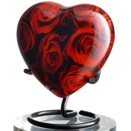 Olivia Memorials Urna de recuerdo en forma de corazón con rosas - Urna pequeña de cremación en forma de corazón rojo con soporte - Envase mini para cenizas - Urna en miniatura en forma de corazón para
