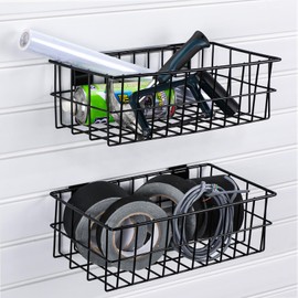 Hicarer 2 Pcs Slatwall Baskets 13.5 x 7.5 x 4.5 Inch Wire Basket, Ventilated Mounted Wall Basket Organizer Hanging Metal Basket Slatwall Accessories for Storage Display Organizing Kitchen (Black)