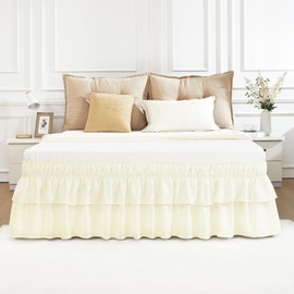 Vocander 2 Layer Bedskirt,Cream Queen Size Bed Skirt 14 Inch Drop Easy to Put On,Elastic Wrap Around Dust Ruffle for Bed Frame & Mattress,Luxury Bedskirt for Adjustable Bed Microfiber Fabric