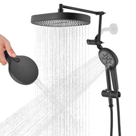 LOCALAND 14" x 8" Rectangle High Pressure Rainfall Shower Head with Handheld Combo, 6 Setting Handheld Shower Head, Adjustable Height Shower Extension Arm and Slide Bar for Easy Reach - Matte Black