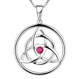 YL Necklace, Celtic 925 Sterling Silver, 12 Birthstone, Cubic Zirconia, Irish Knot Pendant Necklace for Women, Silver, July, Deep Ruby