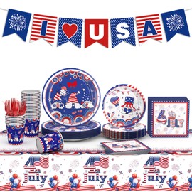 122 PCS 4th of July Plates and Napkins Sets, Independence Day Party Supplies Include Patriotic Plates and Napkins,Cups,Forks,Banner and Tablecloth for Patriotic 4th of July Party Decorations, Serve 24