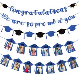 TaoBary Graduation Decorations 4"×6" Graduation Photo Banner Class of 2025 Banner and K-12th Picture Grade Congrats Grad, We Are So Proud of You Party Supplies(Blue Black)