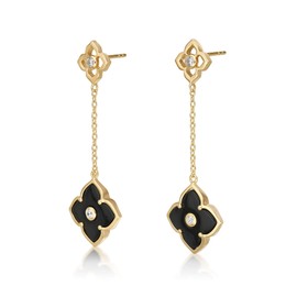 Black Onyx Flower Dangle Drop Earrings for Women in 925 Sterling Silver with Yellow Gold Plating Friction Back by Lavari Jewelers