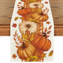 Artoid Mode Orange Pumpkin Maple Leaf Stripes Fall Table Runner, Seasonal Autumn Kitchen Dining Table Decoration for Home Party Decor 13x36 Inch