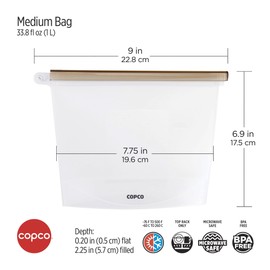 ​Copco Silicone Food Grade Reusable Storage Bag, Clear (Medium), Reduce Single-Use Plastic, Air-Tight, Leakproof, Dishwasher-Safe, Eco-friendly, 33.8 Ounce, Clear