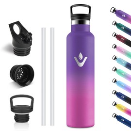 Vikastar Stainless Steel Drinking Bottle, Thermos Flask, 1 Litre, BPA-Free Drinking Bottle, Thermos Bottle with Straw, Drinking Bottle for School, Sports, Bike, Camping, Deep Purple & Pink