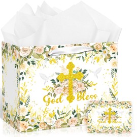 First Holy Communion Gift Bag for Girls Boys White Gold Cross Gift Bag with Tissue Paper and Cards Baptism Gift Wrapping God Bless Paper Bag Bag for Christenings Confirmations Religious Wedding Gift