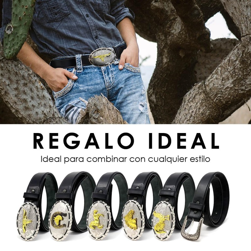 Cinturón de Piel Vacuna con Hebilla Vaquera Vintage (Negro, 38)
