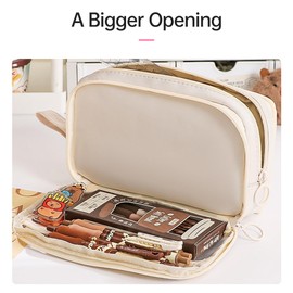 Cute Pencil Case, Large Capacity Pencil Pouch 6-Layer Durable and Easy to Clean Zipper Pocket Bag with Handle Office Organizer for Students Artists Girls Boys Women Children School Beige