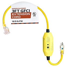 3 Foot Lighted Outdoor GFCI Extension Cord - 12/3 SJTW Heavy Duty Yellow Pigtail Extension Cable with 3 Prong Grounded Plug for Safety