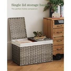SETVSON Storage Basket with Lid Wicker Baskets for Storage with 2 Separate Lid 42.3 Gallon (160 L) 29.9 x 17.3 x 18.1 Inches Rattan Woven Large Wicker Basket with 2 Liners for Bedroom Laundry Gray