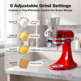 Grain Mill Attachment for KitchenAid, Food-Grade All-Metal 9 Levels Flour Mill for KitchenAid Stand Mixer, Fit for Millet, Wheat, Grain Corn, Coffee Beans, Dry Low-Oil Grains