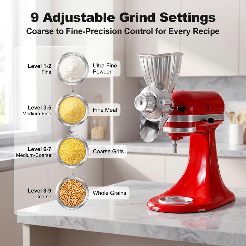 Grain Mill Attachment for KitchenAid, Food-Grade All-Metal 9 Levels Flour