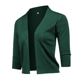 URRU Women's Classic 3/4 Sleeve Open Front Cropped Cardigan Sweater Lightweight Knit Short Shrugs Dark Green XXL