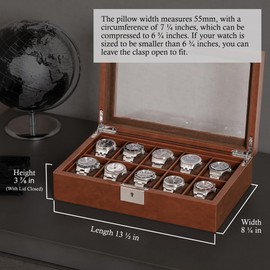 ROTHWELL 10 Slot Leather Watch Box - Luxury Case Display Jewelry Organizer - Locking Watch Display Case Holder with Large Glass Top - Box Organizer for Men and Women (Tan/Brown)